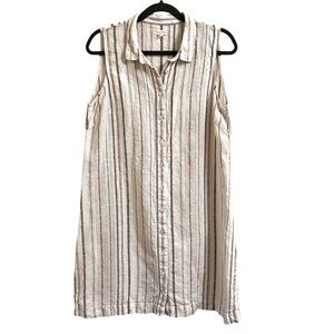 Garnet Hill White Burgundy Plum Brown 100% Linen Classic Shirtdress Size 12